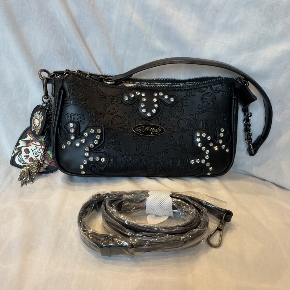 Ed Hardy Black Rhinestone Mini Purse Crossbody Shoulder Bag with Charms - Picture 1 of 16